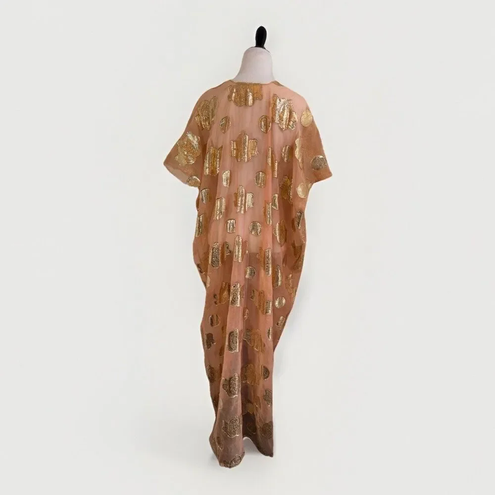 Kaftan Caftan Maxi Dress 1 Size Peach BOHO Gold Paisley Embellished Square Neck - Picture 4 of 12